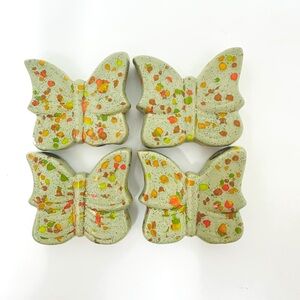 Ceramic Butterfly Macrame Beads Rainbow Green Vintage 70’s jumbo beads set of 4